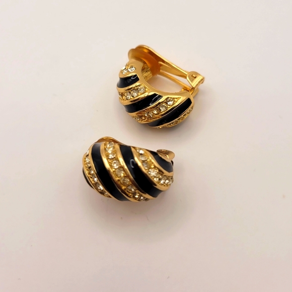 Vintage Christian Dior Black Enamel Rhinestone Gold Earrings